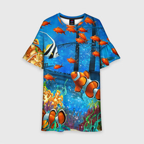 Детское платье 3D с принтом На глубине Рыбки Пляжная в Новосибирске, 100% полиэстер | прямой силуэт, чуть расширенный к низу. Круглая горловина, на рукавах — воланы | море | мультяшки | океан | пляжная | рыба | рыбки | рыбы