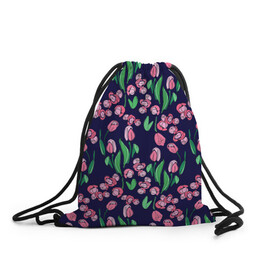 Рюкзак-мешок 3D с принтом Тюльпаны в Новосибирске, 100% полиэстер | плотность ткани — 200 г/м2, размер — 35 х 45 см; лямки — толстые шнурки, застежка на шнуровке, без карманов и подкладки | растительный узор | рисунок | синий | тюльпан | цветы