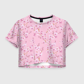 Женская футболка Crop-top 3D с принтом Цветущая розовая вишня в Новосибирске, 100% полиэстер | круглая горловина, длина футболки до линии талии, рукава с отворотами | cherry blossom | sakura | азия | весна | ветки | вишня | для девушки | женский | милый | нежный | природа | розовый | сакура | цветение | цветочный принт | цветущая вишня | цветущие ветки | цветущий миндаль