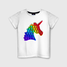 Детская футболка хлопок с принтом Единорог, поп-ит, симпл-димпл в Новосибирске, 100% хлопок | круглый вырез горловины, полуприлегающий силуэт, длина до линии бедер | pop it | rainbow | unicorn | единорог | поп ит | радуга | симпл димпл