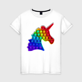 Женская футболка хлопок с принтом Единорог, поп-ит, симпл-димпл в Новосибирске, 100% хлопок | прямой крой, круглый вырез горловины, длина до линии бедер, слегка спущенное плечо | pop it | rainbow | unicorn | единорог | поп ит | радуга | симпл димпл