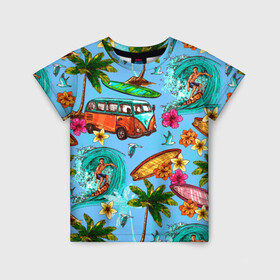 Детская футболка 3D с принтом Пальмы волны серфинг в Новосибирске, 100% гипоаллергенный полиэфир | прямой крой, круглый вырез горловины, длина до линии бедер, чуть спущенное плечо, ткань немного тянется | beach | club | palm | party | sea | summer | tropical | волна | волны | жара | летние | лето | море | очки | пальмы | пляж | серф | серфинг | тропический
