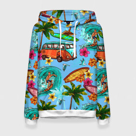 Женская толстовка 3D с принтом Пальмы волны серфинг в Новосибирске, 100% полиэстер  | двухслойный капюшон со шнурком для регулировки, мягкие манжеты на рукавах и по низу толстовки, спереди карман-кенгуру с мягким внутренним слоем. | beach | club | palm | party | sea | summer | tropical | волна | волны | жара | летние | лето | море | очки | пальмы | пляж | серф | серфинг | тропический
