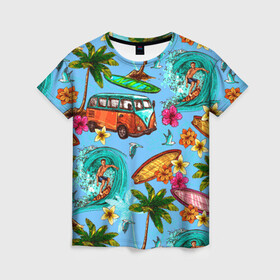 Женская футболка 3D с принтом Пальмы волны серфинг в Новосибирске, 100% полиэфир ( синтетическое хлопкоподобное полотно) | прямой крой, круглый вырез горловины, длина до линии бедер | beach | club | palm | party | sea | summer | tropical | волна | волны | жара | летние | лето | море | очки | пальмы | пляж | серф | серфинг | тропический