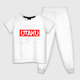 Детская пижама хлопок с принтом Life OTAKU в Новосибирске, 100% хлопок |  брюки и футболка прямого кроя, без карманов, на брюках мягкая резинка на поясе и по низу штанин
 | Тематика изображения на принте: anime | art | cute | eat | girl | hikki | japanese | kawai | life | otaku | repeat | retro | sleep | tyan | wave | аниме | арт | волна | девушка | еда | жизнь | зайчьи | иероглиф | кавай | надпись | нарисованная | отаку | повтор | повторить