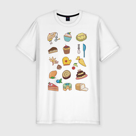 Мужская футболка хлопок Slim с принтом Кулинарные моменты в Новосибирске, 92% хлопок, 8% лайкра | приталенный силуэт, круглый вырез ворота, длина до линии бедра, короткий рукав | вишня | еда | кексик | миксер | пироженое | торт