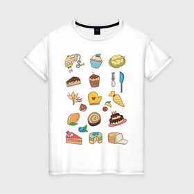 Женская футболка хлопок с принтом Кулинарные моменты в Новосибирске, 100% хлопок | прямой крой, круглый вырез горловины, длина до линии бедер, слегка спущенное плечо | вишня | еда | кексик | миксер | пироженое | торт