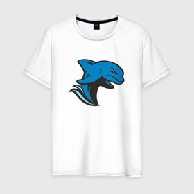 Мужская футболка хлопок с принтом Злой дельфин в Новосибирске, 100% хлопок | прямой крой, круглый вырез горловины, длина до линии бедер, слегка спущенное плечо. | Тематика изображения на принте: dolphin | дельфин | дельфины | злой | море | морские | с дельфином