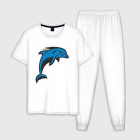 Мужская пижама хлопок с принтом Злой дельфин в Новосибирске, 100% хлопок | брюки и футболка прямого кроя, без карманов, на брюках мягкая резинка на поясе и по низу штанин
 | dolphin | дельфин | дельфины | море | морские | на голубом | с дельфином