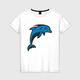 Женская футболка хлопок с принтом Злой дельфин в Новосибирске, 100% хлопок | прямой крой, круглый вырез горловины, длина до линии бедер, слегка спущенное плечо | dolphin | дельфин | дельфины | море | морские | на голубом | с дельфином
