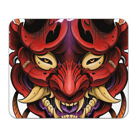 Коврик для мышки прямоугольный с принтом Маска демона в Новосибирске, натуральный каучук | размер 230 х 185 мм; запечатка лицевой стороны | арт | воин | демон | ёкай | зубы | иероглиф | иероглифы | китай | клыки | маска | маска демона | рисунок | рога | самурай | япония