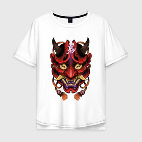 Мужская футболка хлопок Oversize с принтом Маска демона в Новосибирске, 100% хлопок | свободный крой, круглый ворот, “спинка” длиннее передней части | арт | воин | демон | ёкай | зубы | иероглиф | иероглифы | китай | клыки | маска | маска демона | рисунок | рога | самурай | япония