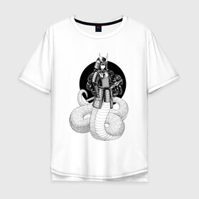 Мужская футболка хлопок Oversize с принтом Самурай наги в Новосибирске, 100% хлопок | свободный крой, круглый ворот, “спинка” длиннее передней части | арт | воин | демон | ёкай | змея | китай | манга | маска | мистическое существо | наги | рисунок | рога | самурай | чешуя | япония