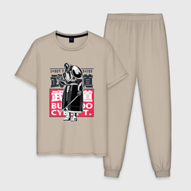 Мужская пижама хлопок с принтом Кибер Самурай Бусидо в Новосибирске, 100% хлопок | брюки и футболка прямого кроя, без карманов, на брюках мягкая резинка на поясе и по низу штанин
 | Тематика изображения на принте: art | bushido | cyberpunk samurai | future | ninja | oni | ronin | samurai | shogun | арт | будущее | киберпанк самурай | мерч | мужик | мужчина | прикол | путь воина | путь война | ронин | сёгун | сепукку | токио | харакири