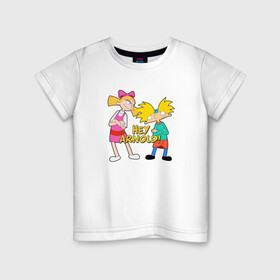 Детская футболка хлопок с принтом Арнольд и Хельга в Новосибирске, 100% хлопок | круглый вырез горловины, полуприлегающий силуэт, длина до линии бедер | arnold | helga | hey | hey arnold | арнольд | хельга | эй арнольд
