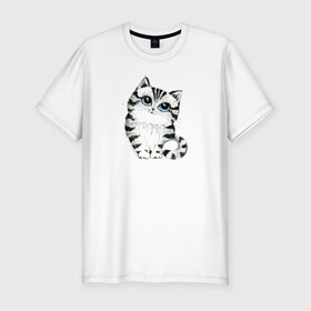 Мужская футболка хлопок Slim с принтом Котёнок в Новосибирске, 92% хлопок, 8% лайкра | приталенный силуэт, круглый вырез ворота, длина до линии бедра, короткий рукав | голубые глаза | зверь | киса | кот | котейка | котёнок | кошак | кошка | маленький | миленький | полосатый | полоски | пушистый | серый | скетч | шерсть