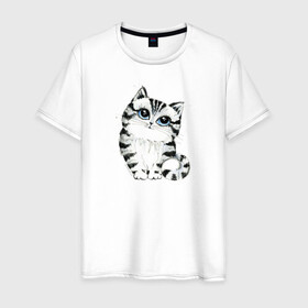 Мужская футболка хлопок с принтом Котёнок в Новосибирске, 100% хлопок | прямой крой, круглый вырез горловины, длина до линии бедер, слегка спущенное плечо. | голубые глаза | зверь | киса | кот | котейка | котёнок | кошак | кошка | маленький | миленький | полосатый | полоски | пушистый | серый | скетч | шерсть