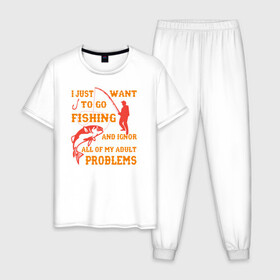 Мужская пижама хлопок с принтом I Want To Fishing в Новосибирске, 100% хлопок | брюки и футболка прямого кроя, без карманов, на брюках мягкая резинка на поясе и по низу штанин
 | ловля | отдых | рыба | удочка | хобби
