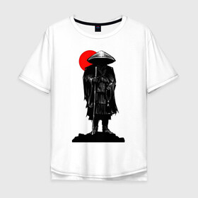 Мужская футболка хлопок Oversize с принтом Тень ниндзя в Новосибирске, 100% хлопок | свободный крой, круглый ворот, “спинка” длиннее передней части | арт | воин | демон | ёкай | катана | китай | маска | ниндзя | рисунок | рисунок тушью | рога | самурай | солнце | тушь | чёрно белый | черный | черный рисунок | япония