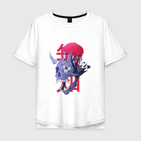 Мужская футболка хлопок Oversize с принтом Череп демона в Новосибирске, 100% хлопок | свободный крой, круглый ворот, “спинка” длиннее передней части | арт | демон | ёкай | зубы | иероглиф | иероглифы | китай | клыки | мозг | рисунок | рога | япония
