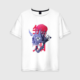 Женская футболка хлопок Oversize с принтом Череп демона в Новосибирске, 100% хлопок | свободный крой, круглый ворот, спущенный рукав, длина до линии бедер
 | арт | демон | ёкай | зубы | иероглиф | иероглифы | китай | клыки | мозг | рисунок | рога | япония