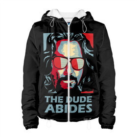 Женская куртка 3D с принтом The Dude Abides (Лебовски) в Новосибирске, ткань верха — 100% полиэстер, подклад — флис | прямой крой, подол и капюшон оформлены резинкой с фиксаторами, два кармана без застежек по бокам, один большой потайной карман на груди. Карман на груди застегивается на липучку | abide | big | dude | jeff | lebowski | the | большой | лебовски | фильм | чувак