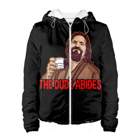 Женская куртка 3D с принтом The Dude Abides (Lebowski) в Новосибирске, ткань верха — 100% полиэстер, подклад — флис | прямой крой, подол и капюшон оформлены резинкой с фиксаторами, два кармана без застежек по бокам, один большой потайной карман на груди. Карман на груди застегивается на липучку | abide | big | dude | jeff | lebowski | the | большой | лебовски | фильм | чувак