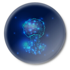 Значок с принтом Медуза на синем в Новосибирске,  металл | круглая форма, металлическая застежка в виде булавки | jellyfish | medusa | жители | медуза | медузы | морские | океан