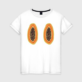 Женская футболка хлопок с принтом Папайа в Новосибирске, 100% хлопок | прямой крой, круглый вырез горловины, длина до линии бедер, слегка спущенное плечо | Тематика изображения на принте: вкусно | летний фрукт | папайа | тропический фрукт | фрукт