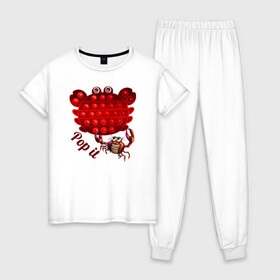 Женская пижама хлопок с принтом Краб, поп-ит, симпл-димпл в Новосибирске, 100% хлопок | брюки и футболка прямого кроя, без карманов, на брюках мягкая резинка на поясе и по низу штанин | crab | pop it | simple dimple | краб | поп ит | симпл димпл