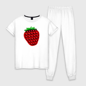 Женская пижама хлопок с принтом Клубника, поп-ит, симпл-димпл в Новосибирске, 100% хлопок | брюки и футболка прямого кроя, без карманов, на брюках мягкая резинка на поясе и по низу штанин | pop it | simple dimple | strawberry | клубника | поп ит | симпл димпл