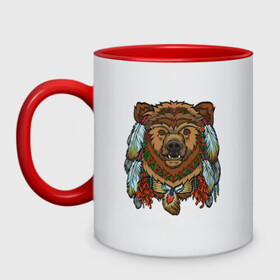 Кружка двухцветная с принтом Славянский медведь в Новосибирске, керамика | объем — 330 мл, диаметр — 80 мм. Цветная ручка и кайма сверху, в некоторых цветах — вся внутренняя часть | animal | art | bear | beast | slavic symbols | арт | животное | зверь | медведь | славянская символика