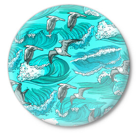 Значок с принтом Чайки в море в Новосибирске,  металл | круглая форма, металлическая застежка в виде булавки | Тематика изображения на принте: волны | море | морские | птицы | чайка | чайки