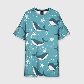 Детское платье 3D с принтом Киты в Новосибирске, 100% полиэстер | прямой силуэт, чуть расширенный к низу. Круглая горловина, на рукавах — воланы | Тематика изображения на принте: whale | белый кит | кит | киты | морские | паттерн | синий кит