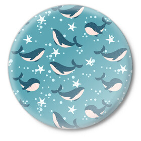 Значок с принтом Киты в Новосибирске,  металл | круглая форма, металлическая застежка в виде булавки | whale | белый кит | кит | киты | морские | паттерн | синий кит