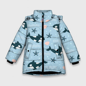 Зимняя куртка для девочек 3D с принтом Косатки киты в Новосибирске, ткань верха — 100% полиэстер; подклад — 100% полиэстер, утеплитель — 100% полиэстер. | длина ниже бедра, удлиненная спинка, воротник стойка и отстегивающийся капюшон. Есть боковые карманы с листочкой на кнопках, утяжки по низу изделия и внутренний карман на молнии. 

Предусмотрены светоотражающий принт на спинке, радужный светоотражающий элемент на пуллере молнии и на резинке для утяжки. | whale | касатка | кит | киты | косатка | косатки | морские | паттерн