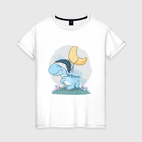 Женская футболка хлопок с принтом Динозаврик  в Новосибирске, 100% хлопок | прямой крой, круглый вырез горловины, длина до линии бедер, слегка спущенное плечо | динозаврик | лужайка | луна | ночная шапочка | ночник | ночь | сон | цветы