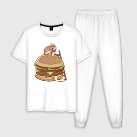 Мужская пижама хлопок с принтом Anime Burger в Новосибирске, 100% хлопок | брюки и футболка прямого кроя, без карманов, на брюках мягкая резинка на поясе и по низу штанин
 | аниме | бургер | гамбургер | девушка | иллюстрация