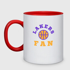 Кружка двухцветная с принтом Lakers Fan в Новосибирске, керамика | объем — 330 мл, диаметр — 80 мм. Цветная ручка и кайма сверху, в некоторых цветах — вся внутренняя часть | basketball | bryant | game | james | kobe | lakers | lebron | los angeles | nba | sport | streetball | баскетбол | баскетболист | брайант | джеймс | игра | игрок | коби | леброн | лейкерс | лос анджелес | мяч | нба | спорт | стритбол