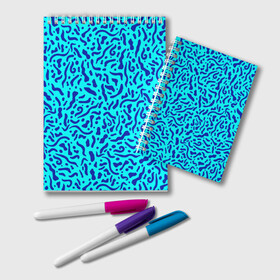 Блокнот с принтом Неоновые синие узоры в Новосибирске, 100% бумага | 48 листов, плотность листов — 60 г/м2, плотность картонной обложки — 250 г/м2. Листы скреплены удобной пружинной спиралью. Цвет линий — светло-серый
 | Тематика изображения на принте: abstract | blue | neon | sea | абстракционизм | абстракция | африканские | вода | волны | голубые узоры | камуфляж | лагуна | линии | мелкий узор | мемфис | море | морское | неоновый | орнамент | пятна | пятнистый