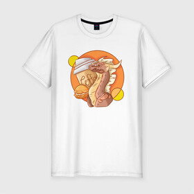 Мужская футболка хлопок Slim с принтом Кофейный дракон в Новосибирске, 92% хлопок, 8% лайкра | приталенный силуэт, круглый вырез ворота, длина до линии бедра, короткий рукав | Тематика изображения на принте: дракон | дракон с кофе | коричневый | кофе | оранжевый