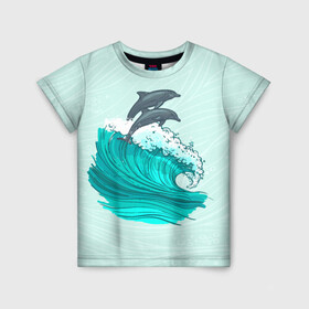 Детская футболка 3D с принтом Два дельфина в Новосибирске, 100% гипоаллергенный полиэфир | прямой крой, круглый вырез горловины, длина до линии бедер, чуть спущенное плечо, ткань немного тянется | dolphin | волна | два дельфина | дельфин | дельфины | море | морские | на голубом | с дельфином
