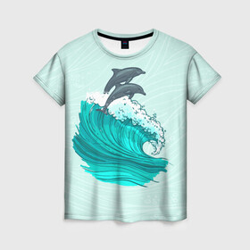 Женская футболка 3D с принтом Два дельфина в Новосибирске, 100% полиэфир ( синтетическое хлопкоподобное полотно) | прямой крой, круглый вырез горловины, длина до линии бедер | dolphin | волна | два дельфина | дельфин | дельфины | море | морские | на голубом | с дельфином