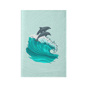 Обложка для паспорта матовая кожа с принтом Два дельфина в Новосибирске, натуральная матовая кожа | размер 19,3 х 13,7 см; прозрачные пластиковые крепления | Тематика изображения на принте: dolphin | волна | два дельфина | дельфин | дельфины | море | морские | на голубом | с дельфином