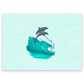 Поздравительная открытка с принтом Два дельфина в Новосибирске, 100% бумага | плотность бумаги 280 г/м2, матовая, на обратной стороне линовка и место для марки
 | dolphin | волна | два дельфина | дельфин | дельфины | море | морские | на голубом | с дельфином