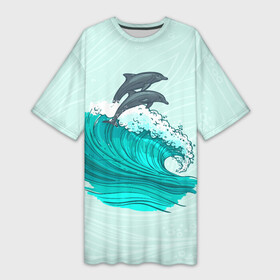 Платье-футболка 3D с принтом Два дельфина в Новосибирске,  |  | dolphin | волна | два дельфина | дельфин | дельфины | море | морские | на голубом | с дельфином