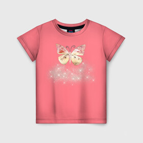 Детская футболка 3D с принтом Блестящая бабочка в Новосибирске, 100% гипоаллергенный полиэфир | прямой крой, круглый вырез горловины, длина до линии бедер, чуть спущенное плечо, ткань немного тянется | insects | pink girls | бабочка | блёстки | опыление | пыльца | розовое