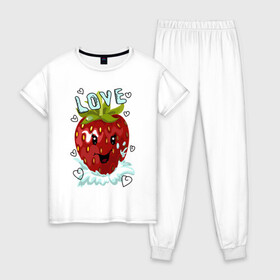 Женская пижама хлопок с принтом Клубничка в Новосибирске, 100% хлопок | брюки и футболка прямого кроя, без карманов, на брюках мягкая резинка на поясе и по низу штанин | влюблённые | клубника | клубничка | любовь | романтика | символ | ягода | ягодка