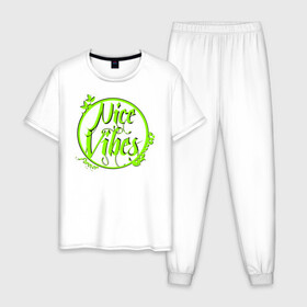 Мужская пижама хлопок с принтом Nice Vibes Forever (green) в Новосибирске, 100% хлопок | брюки и футболка прямого кроя, без карманов, на брюках мягкая резинка на поясе и по низу штанин
 | forever | nice | vibes | вайб | надписи | с надписью