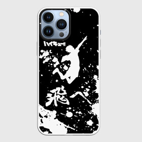 Чехол для iPhone 13 Pro Max с принтом Fly High Haikyu черно   белый в Новосибирске,  |  | Тематика изображения на принте: anime | haikyu | haikyuu | karasuno | karasuno high | manga | аниме | брызги | волейбол | волейбольный клуб | вороны | игрок | иероглифы | карасуно | лого | манга | надпись | прыжок | старшая школа | хаику | хаикую